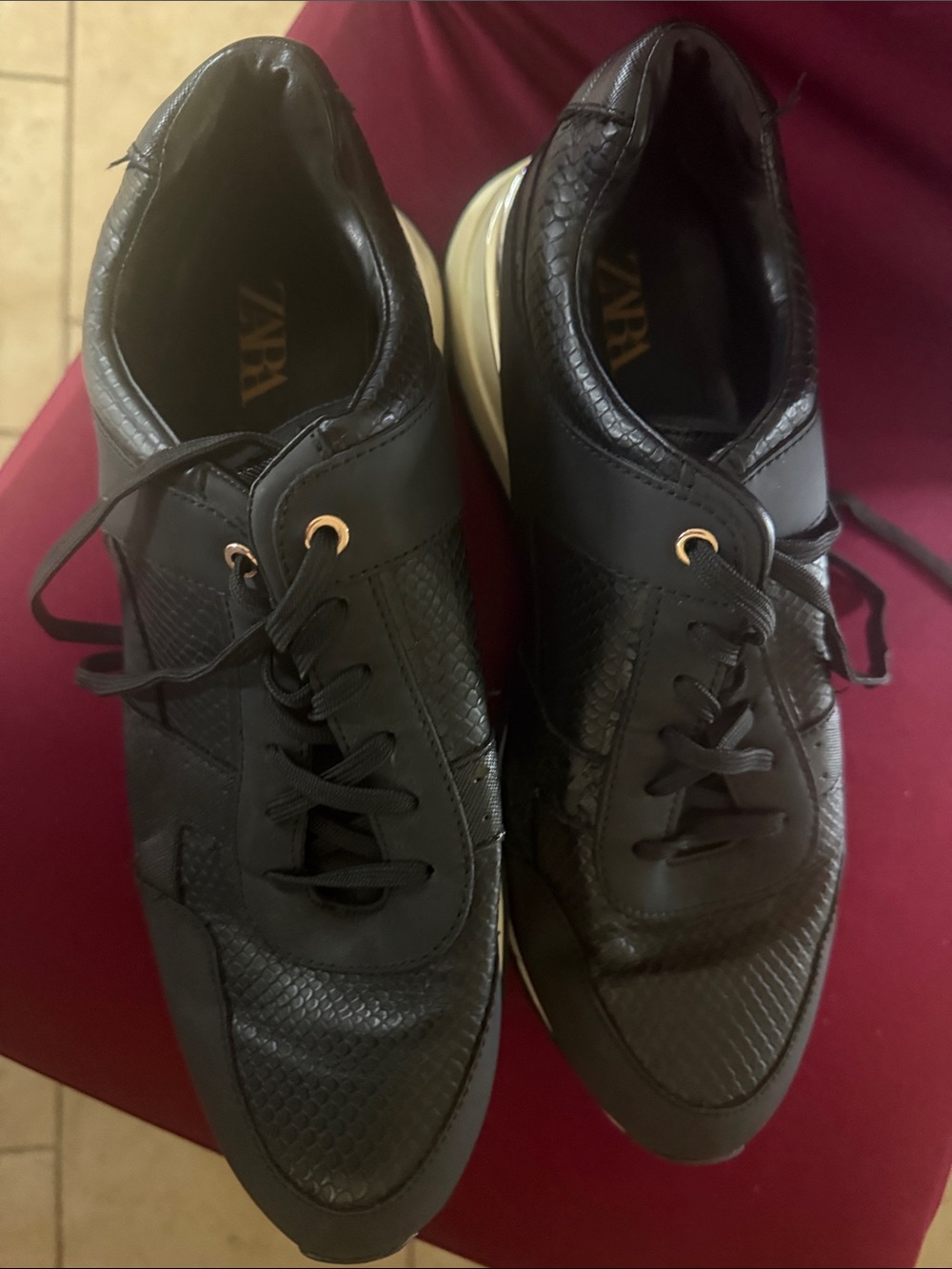 Zara Black Textured Lace-Up Sneakers with Gold Eyelets